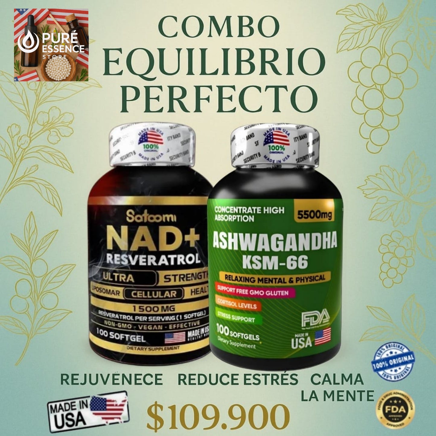 COMBO Ritual Diario Ashwagandha ➕ Nad+ resveratrol➕ Colágeno 500 mg 30 caps blandas 100% ORIGINAL IMPORTADO 🇺🇸