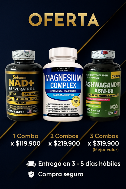 COMBO EQUILIBRIO PERFECTO NAD+RESVERATROL, ASHWAGANDHA KSM-66 Y MAGNESIUM COMPLEX 100% ORIGINAL 🇺🇸 ✨