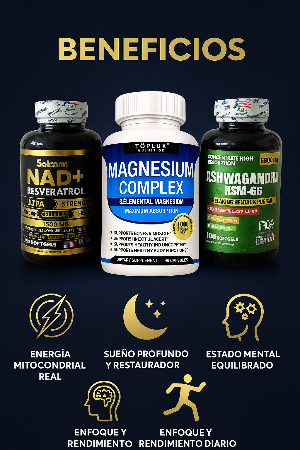 COMBO EQUILIBRIO PERFECTO NAD+RESVERATROL, ASHWAGANDHA KSM-66 Y MAGNESIUM COMPLEX 100% ORIGINAL 🇺🇸 ✨