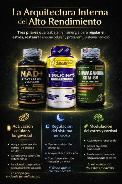 SUPER COMBO EQUILIBRIO PERFECTO NAD+RESVERATROL, ASHWAGANDHA KSM-66 Y BISGLICINATO DE MAGNESIO 100% ORIGINAL 🇺🇸 ✨