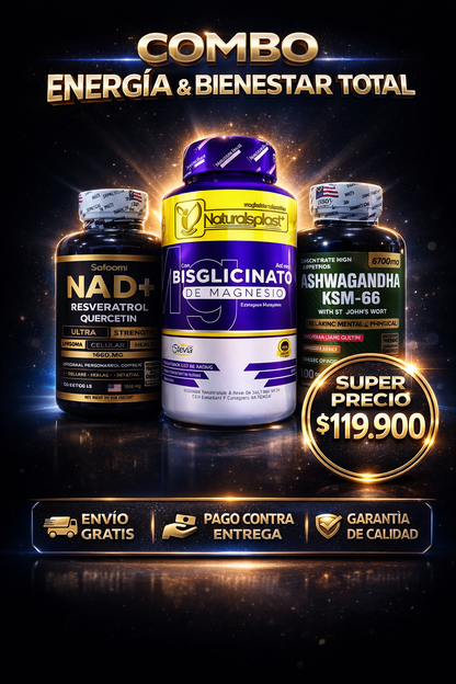 SUPER COMBO EQUILIBRIO PERFECTO NAD+RESVERATROL, ASHWAGANDHA KSM-66 Y BISGLICINATO DE MAGNESIO 100% ORIGINAL 🇺🇸 ✨