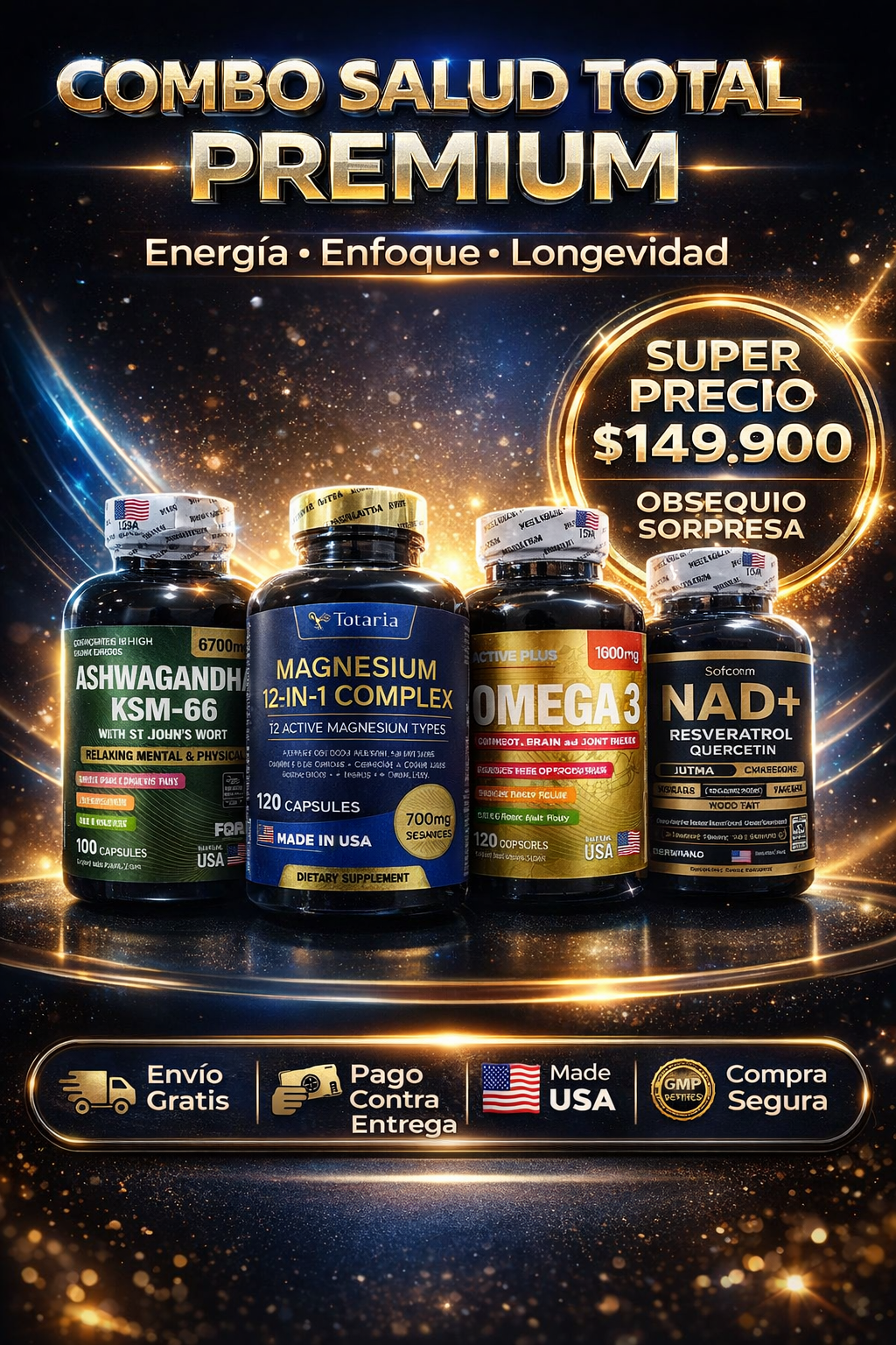 TRANSFORMA TU SALUD DESDE HOY , ASHWAGANDHA KSM-66, MAGNESIUM 12-EN-1 COMPLEX, NAD+RESVERATROL Y OMEGA 3 100% ORIGINAL 🇺🇸 ✨  🎁+ OBSEQUIO SORPRESA
