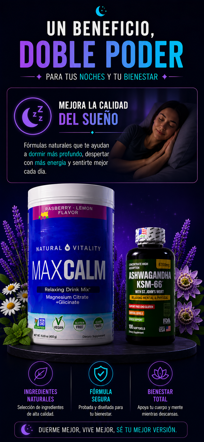 ✨COMBO DESCANSO TOTAL MAX CALM Y ASHWAGANDHA KSM-66 🚀 ORIGINAL 🇺🇸”