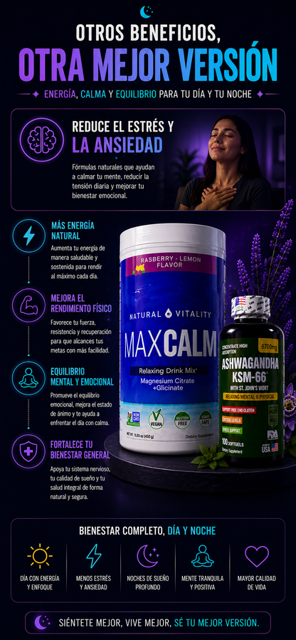 ✨COMBO DESCANSO TOTAL MAX CALM Y ASHWAGANDHA KSM-66 🚀 ORIGINAL 🇺🇸”