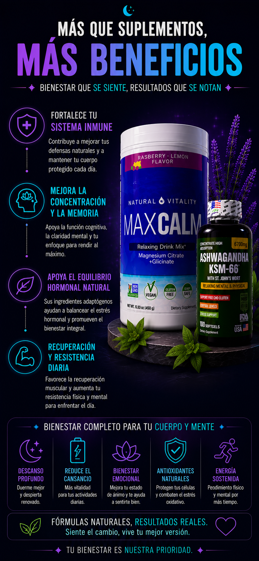 ✨COMBO DESCANSO TOTAL MAX CALM Y ASHWAGANDHA KSM-66 🚀 ORIGINAL 🇺🇸”