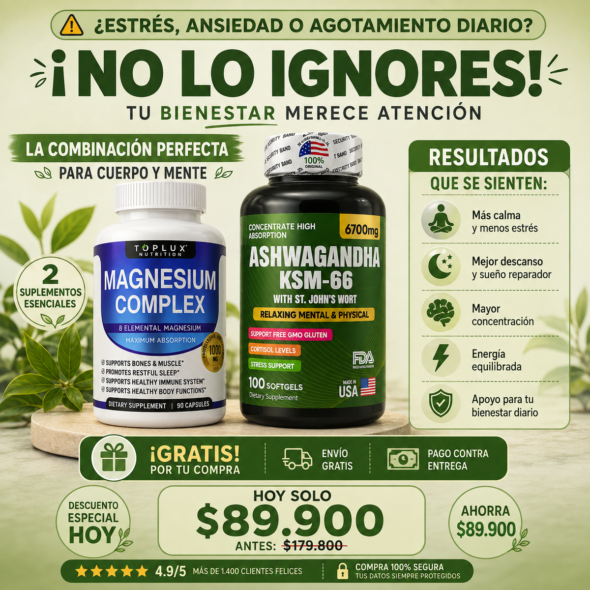 Ashwagandha KSM 66 Premium 🌱 + 🎁 Magnesio Complex de Regalo – ¡Duerme, Respira, Renace! 🇺🇸 ✨