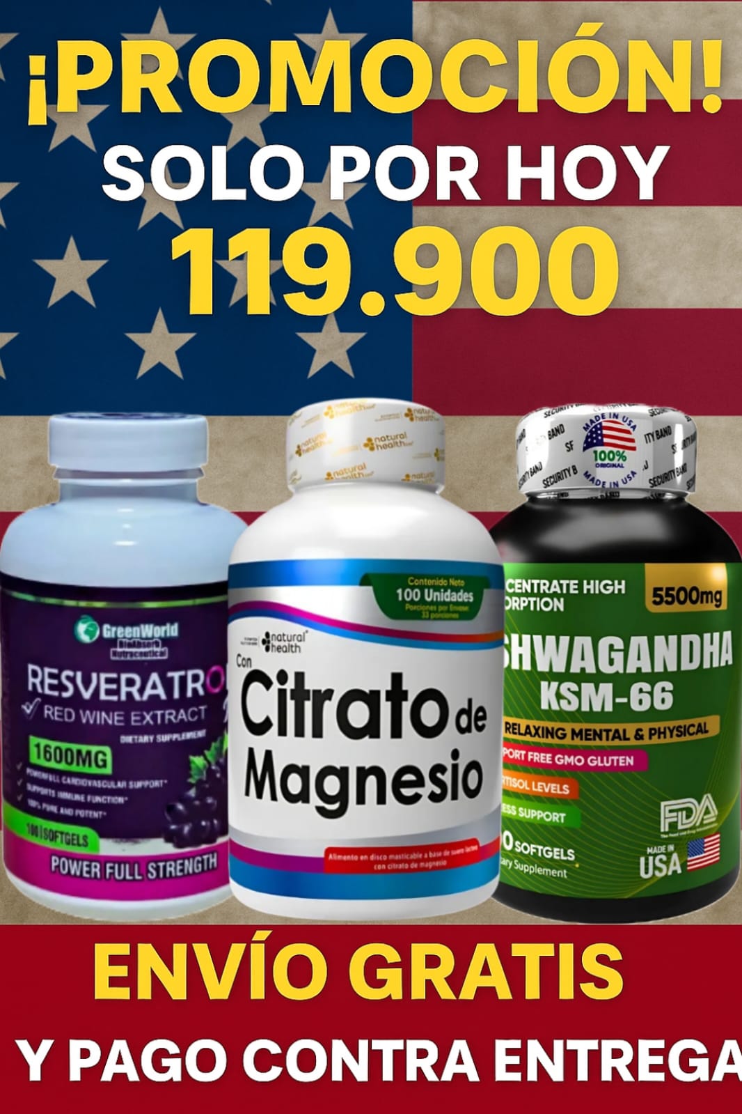 PROMOCION BIENESTAR TOTAL RESVERATROL, ASHWAGANDHA KSM-66, CITRATO DE MAGNESIO 100% ORIGINAL 🇺🇸 ✨