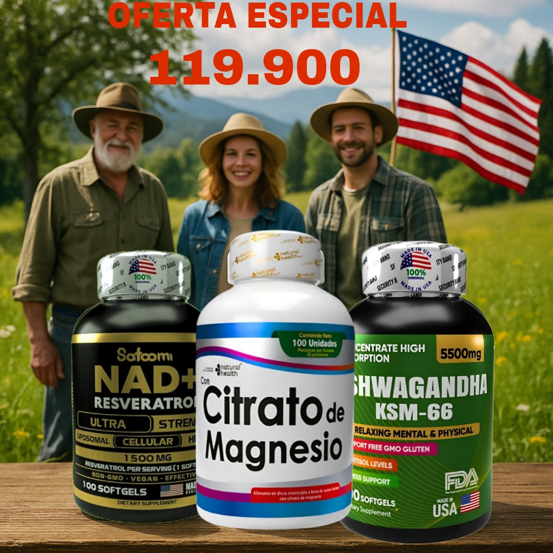 COMBO EQUILIBRIO PERFECTO NAD+RESVERATROL, ASHWAGANDHA KSM-66 Y CITRATO DE MAGNESIO 100% ORIGINAL 🇺🇸 ✨