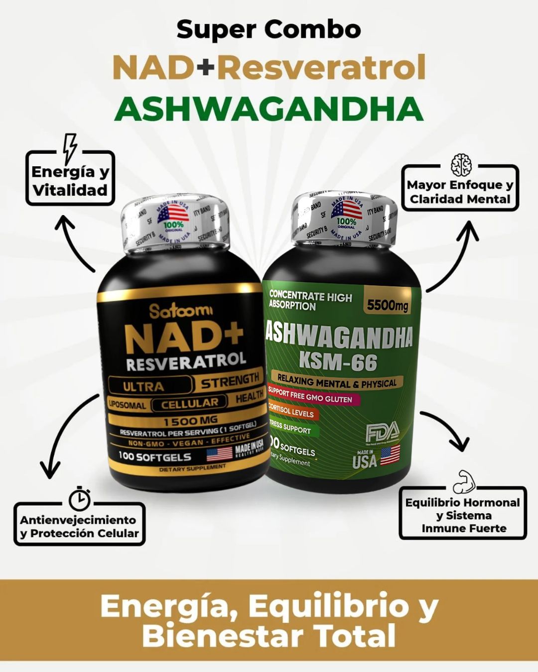 COMBO Ritual Diario Ashwagandha ➕ Nad+ resveratrol➕ Colágeno 500 mg 30 caps blandas 100% ORIGINAL IMPORTADO 🇺🇸