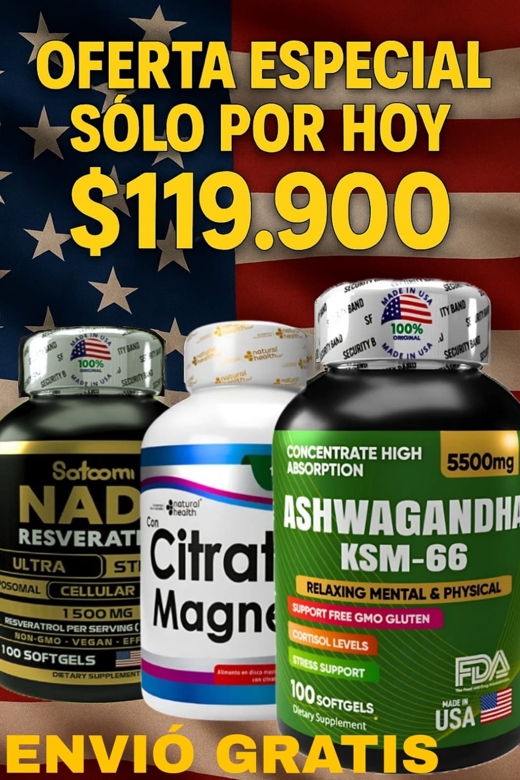 COMBO EQUILIBRIO PERFECTO NAD+RESVERATROL, ASHWAGANDHA KSM-66 Y CITRATO DE MAGNESIO 100% ORIGINAL 🇺🇸 ✨