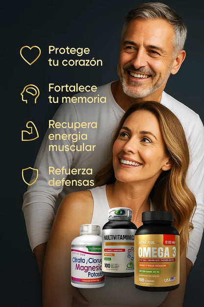 💥✨ “ combo poderoso 💊💪🔥”  🌿 Omega 3 + 4 en 1 Magnesio,cloruro,citrato y Potasio + Multivitaminas 🌈 💧  Recuperación total 🇺🇸 ✨
