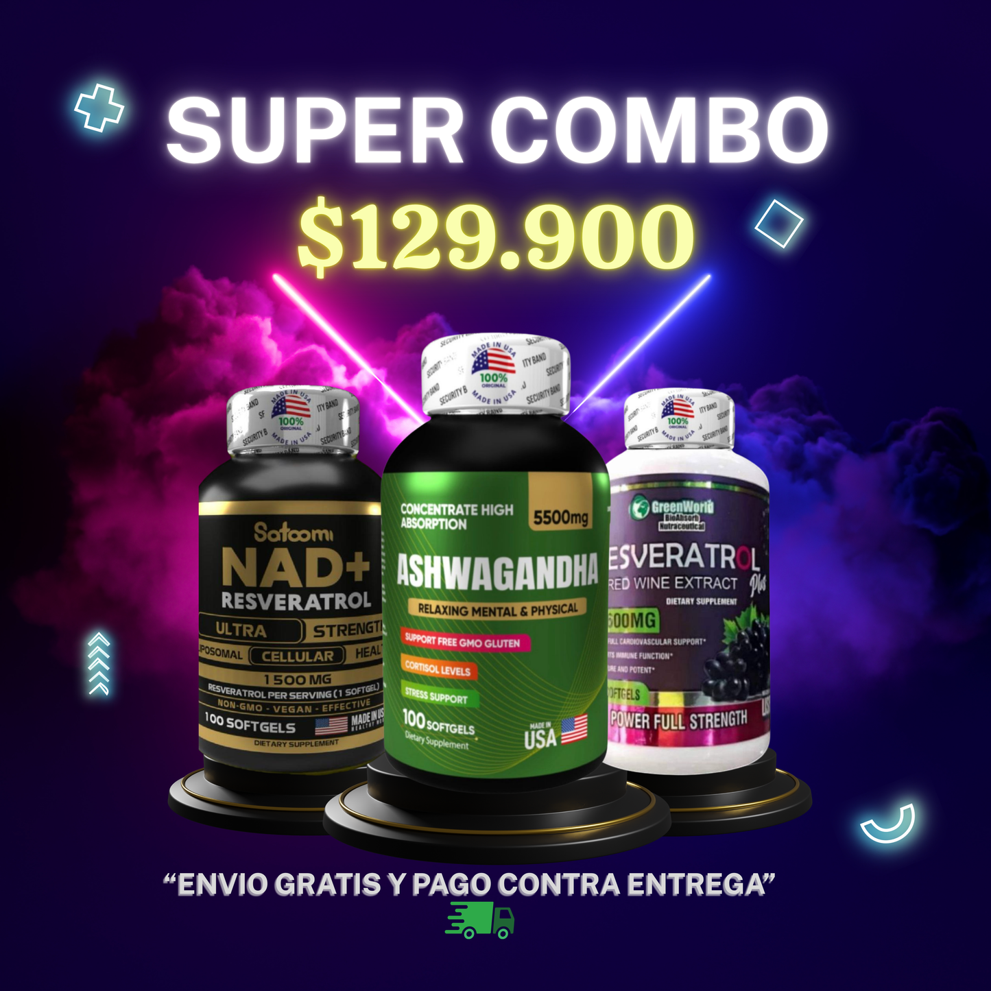 SUPER COMBO, ASHWAGANDHA KSM-66, NAD+RESVERATROL, RESVERATROL 100% ORIGINAL 🇺🇸 ✨