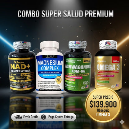 SUPER COMBO COMPLETO, ASHWAGANDHA KSM-66, MAGNESIO COMPLEX, NAD+RESVERATROL Y OBSEQUIO OMEGA 3 100% ORIGINAL 🇺🇸 ✨